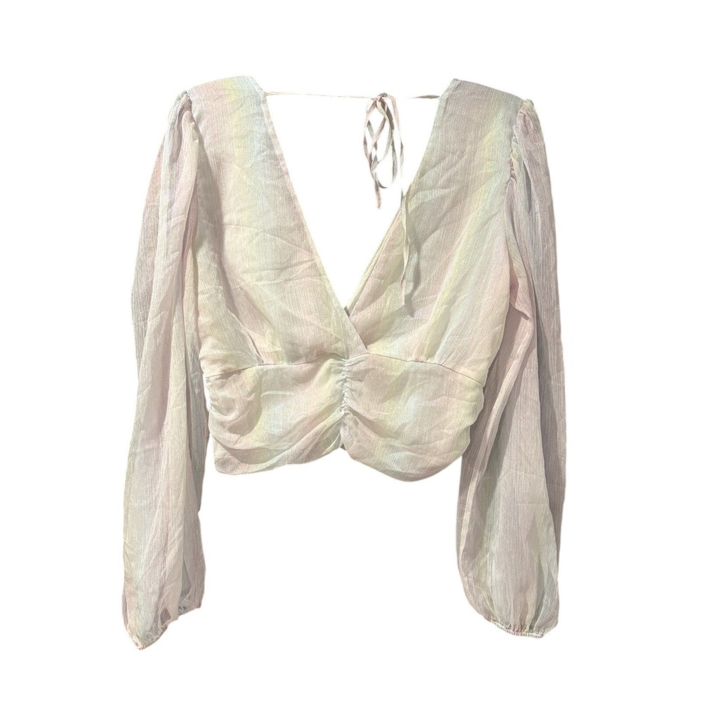 Y2K Holographic Puff Sleeve Crop Top Womens L Rave Festival Party Club - Picture 6 of 6